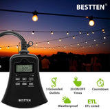BESTTEN Outdoor Light Timer, 7 Day Digital Programmable Timer with Clock and Push Button, Countdown Timer with 3 Grounded Outlets, Black, cETL Listed