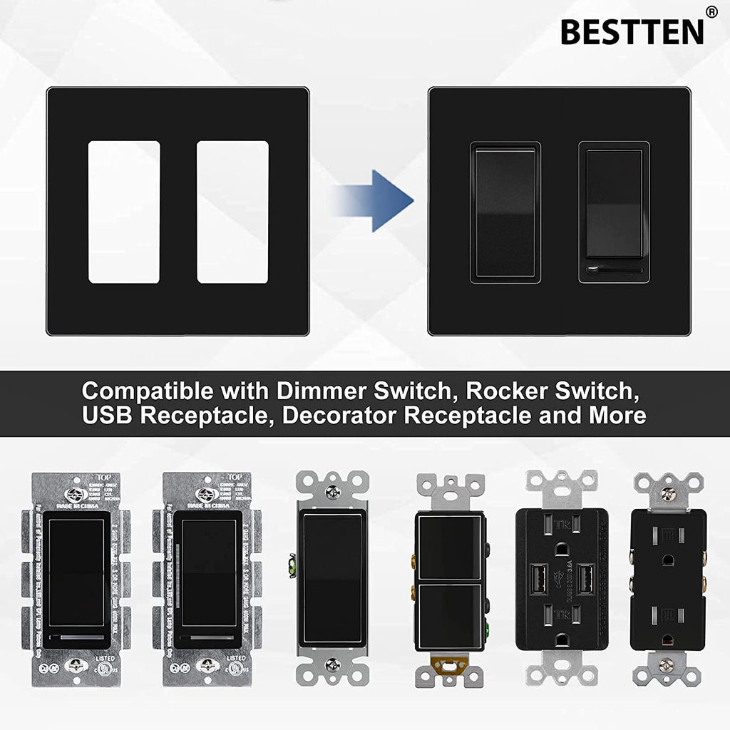 [5 Pack] BESTTEN 2-Gang Black Screwless Wall Plate, Unbreakable Polycarbonate Outlet Cover, Gloss Black Finish, 11.91cm x 12.01cm, for Light Switch, Dimmer, GFCI, USB Receptacle
