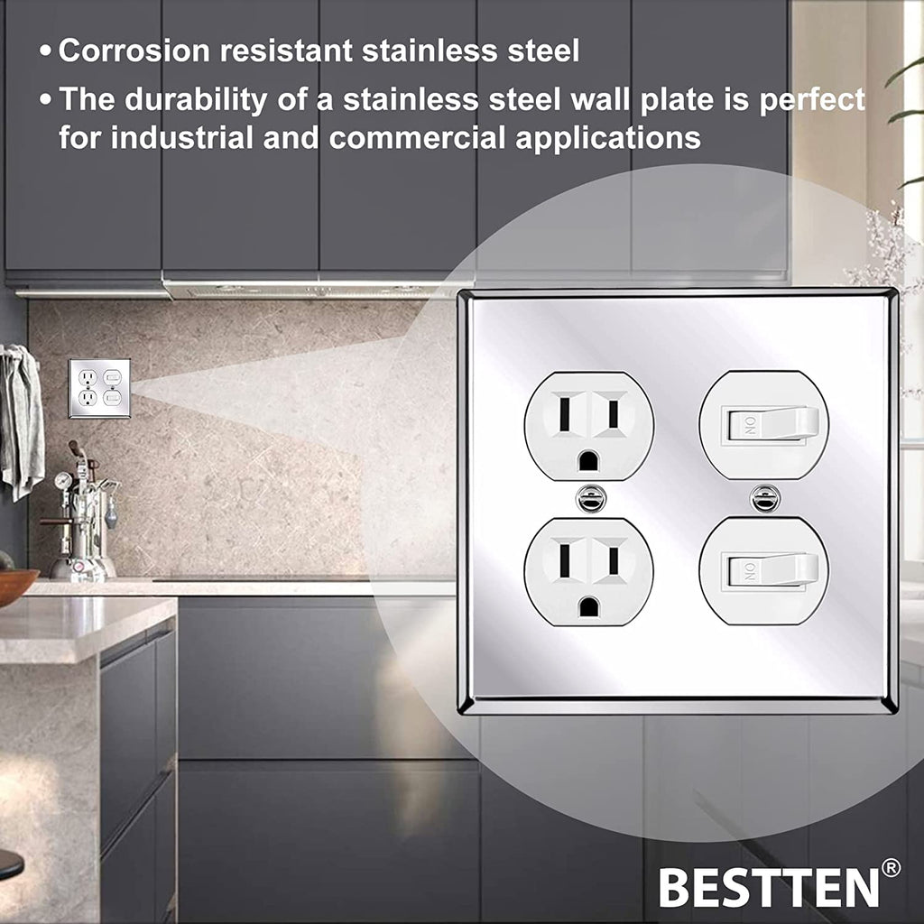 [2 Pack] BESTTEN 2 Gang Bright Polished Chrome Stainless Steel Duplex Wall Plate, Solid Mirror Polished Metal Receptacle Outlet Cover with White or Clear Protective Film, Chrome Appearance
