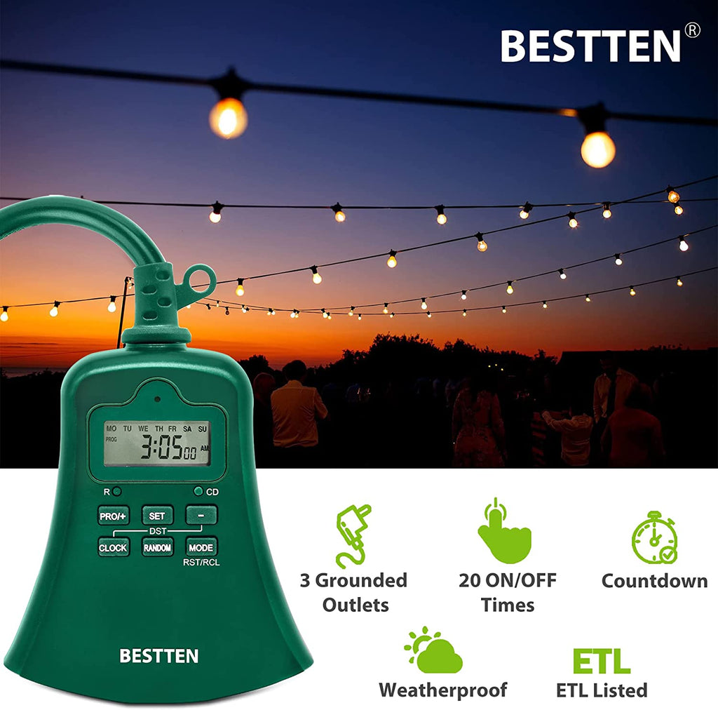 BESTTEN Outdoor Digital Programmable Timer with Clock and Push Button, Countdown Timer with 3 Grounded Outlets, Weatherproof, Green, cETL Listed