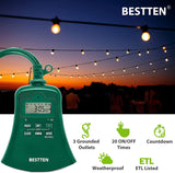 [2 Pack] BESTTEN Outdoor Digital Plug-in Timer with Clock and Push Button, Countdown Timer with 3 Grounded Outlets for Christmas Lights and Outdoor Lighting, Green, cETL Listed