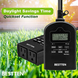 [2 Pack] BESTTEN 7 Day Outdoor Digital Programmable Timer with Clock and Push Button, Countdown Timer with 2 Grounded Outlets, Black, cETL Listed