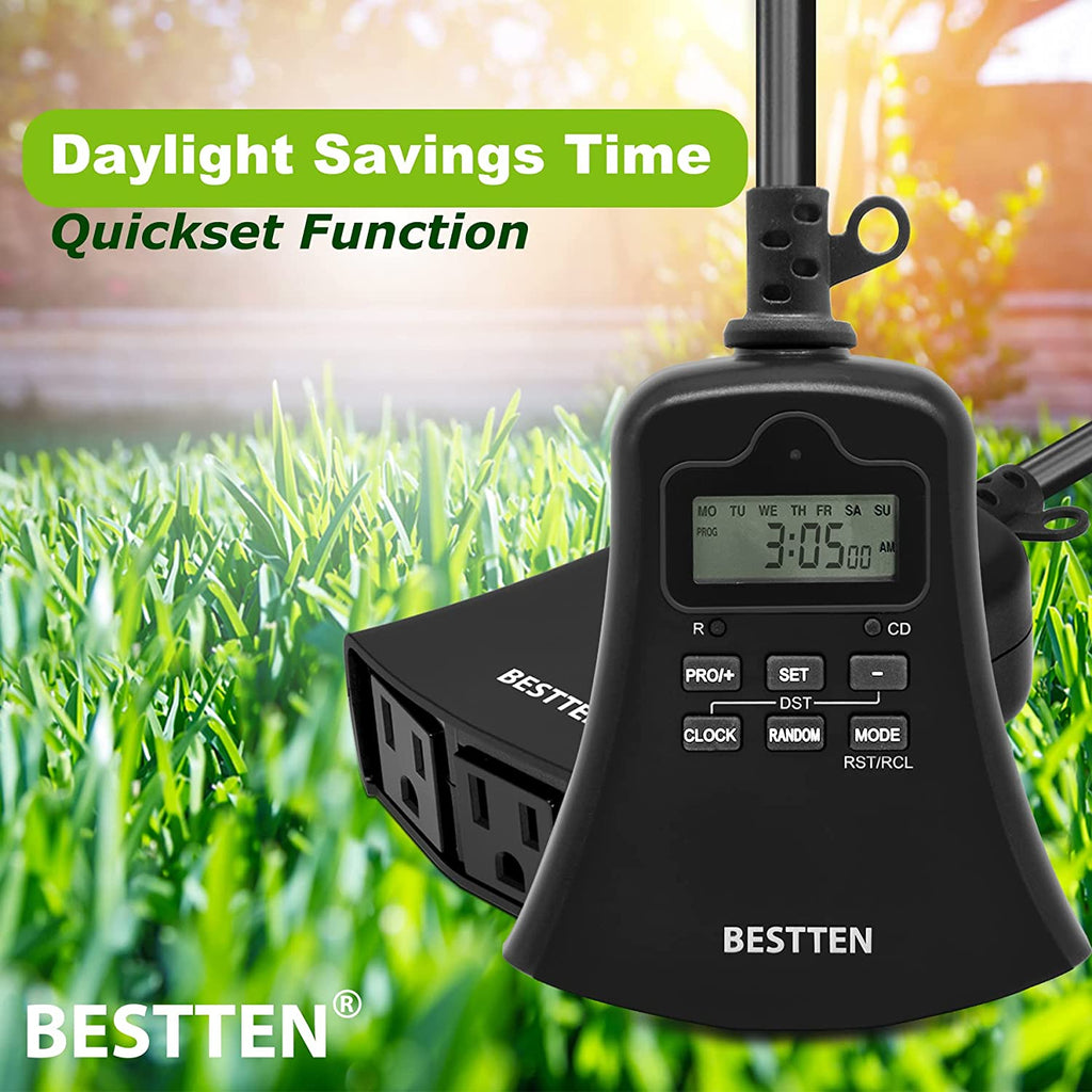 [2 Pack] BESTTEN 7 Day Outdoor Digital Programmable Timer with Clock and Push Button, Countdown Timer with 3 Grounded Outlets, Black, cETL Listed