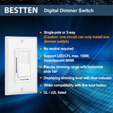 [10 Pack] BESTTEN Digital Dimmer Switch with LED Indicator, Horizontal Dimming Slider Bar, Single Pole or 3-Way, Suit for Dimmable LED Light, CFL, Lamp, Incandescent, Halogen Bulb, UL Listed, White