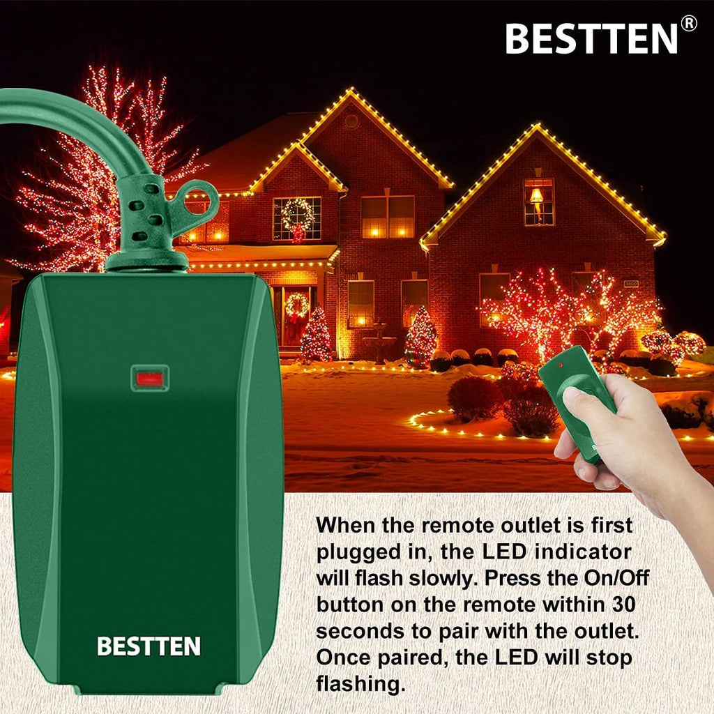 BESTTEN Remote Control Outdoor Outlet Switch with 6-Inch Heavy Duty Power Cord, 15A/125V/1875W, cETL Certified, Green