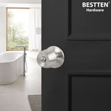 BESTTEN Privacy Door Knob with Removable Latch Plate, Keyless Round Knob Handle for Bathroom or Bedroom, All Metal, Satin Nickel, Amsterdam Series