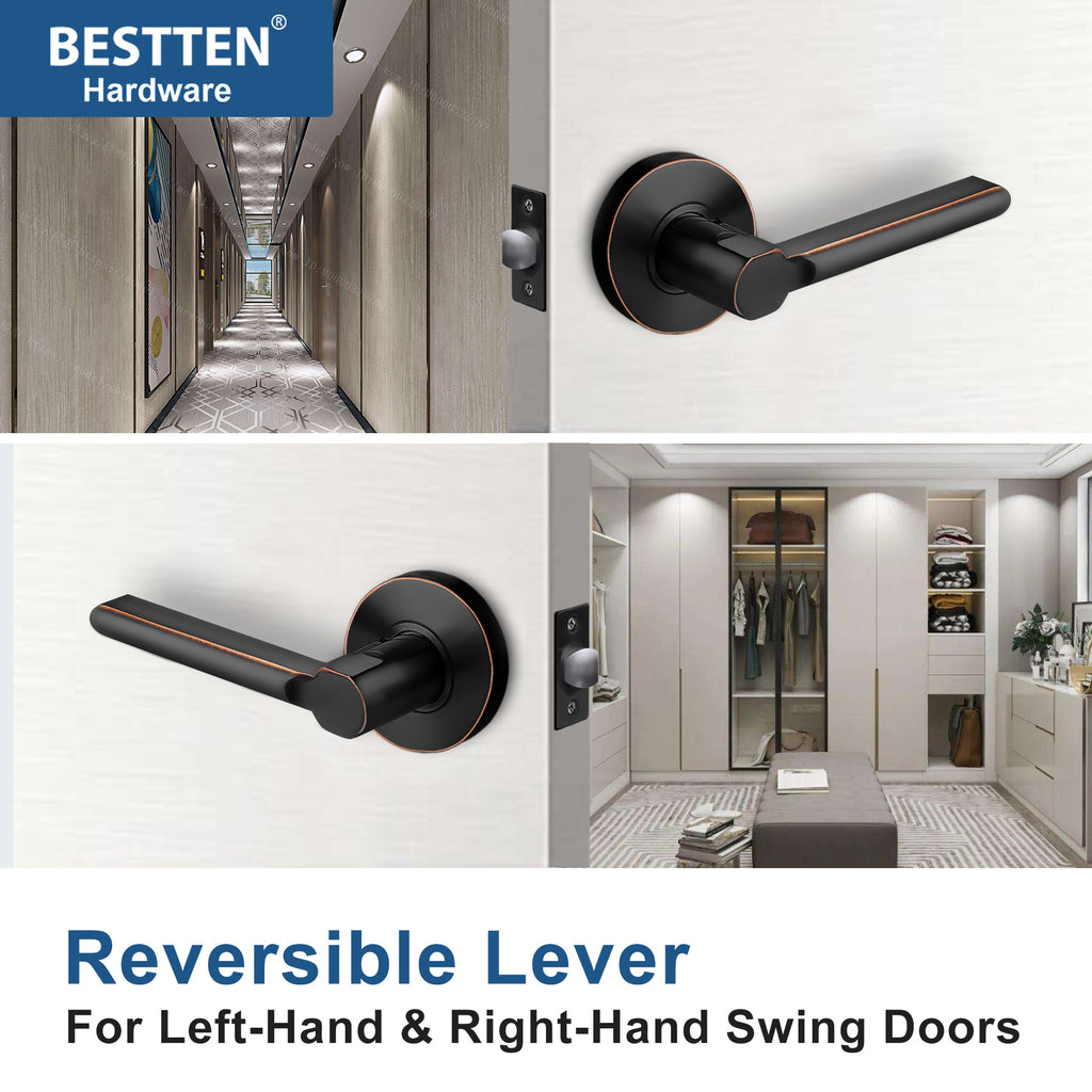 BESTTEN Passage Door Lever with Removable Latch Plate, Vienna Series Heavy Duty All Metal Round Keyless Hall Closet Door Handle Set, for Residential Use, Oil Rubbed Bronze