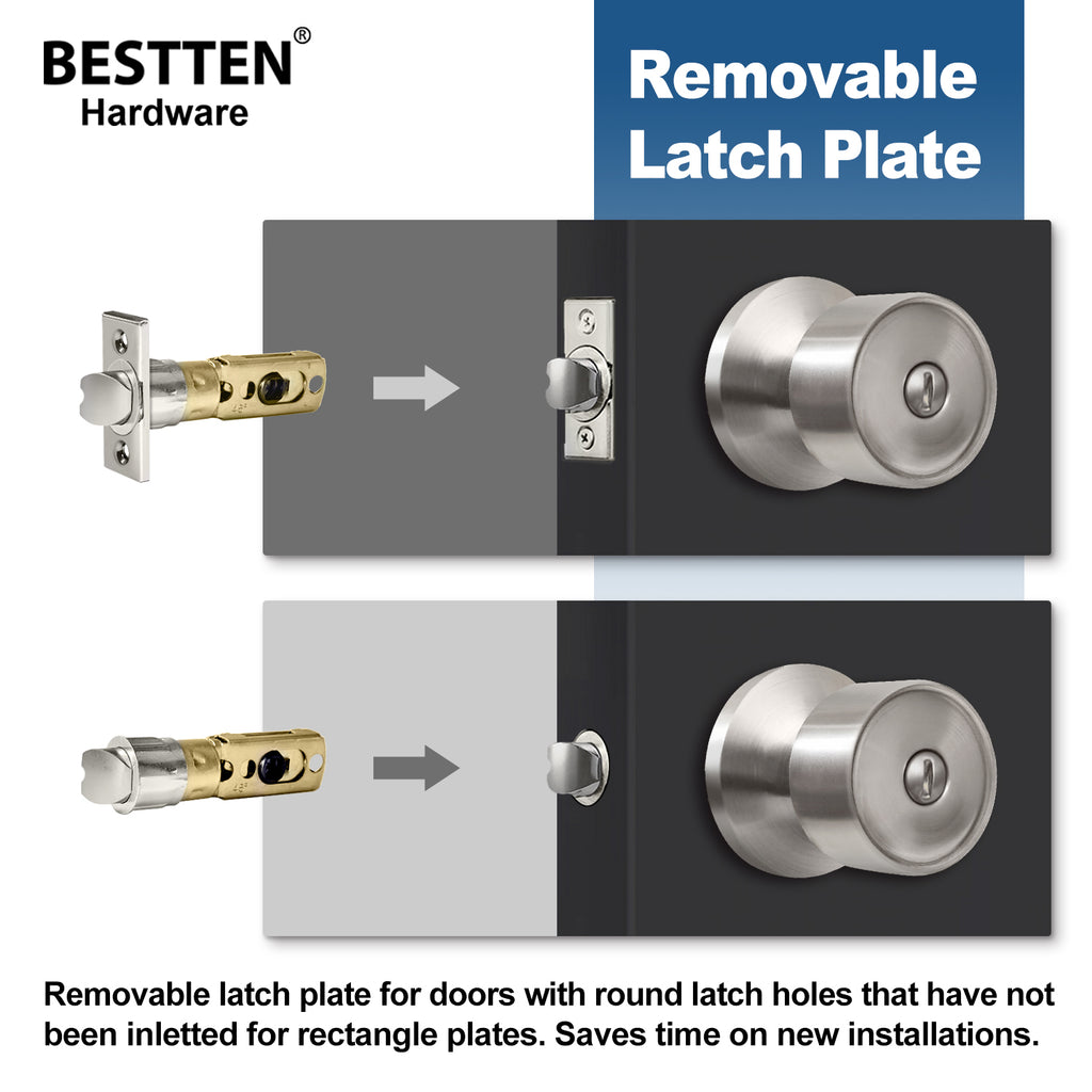 [3 Pack] BESTTEN Interior Privacy Door Knob with Removable Latch Plate, Geneva Series Keyless Door Lockset for Bathroom or Bedroom, All Metal, Satin Nickel