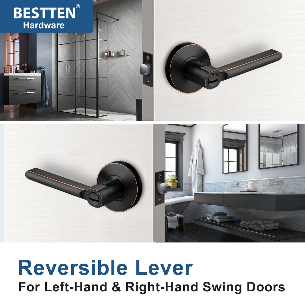 [3 Pack] BESTTEN Round Privacy Door Handle with Removable Latch Plate, Heavy Duty Keyless Door Lever, for Bathroom/Residential Use, All Metal, Oil Rubbed Bronze