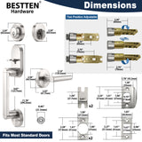 BESTTEN Modern Handleset, Front Door Handle with Single Cylinder Keyed Entry Deadbolt Lock Set, Entrance Adjustable Handle with Round Door Lever, All Metal, Satin Nickel