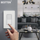 [10 Pack] BESTTEN 3 Way Decorator Wall Light Switch, On/Off Paddle Rocker Interrupter, Screwless Wallplate Included, 15A 120/277V, cUL Listed, White