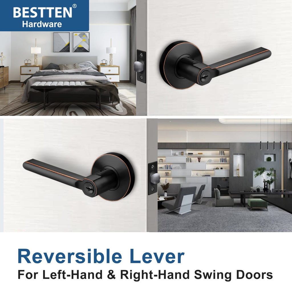 [5 Pack] BESTTEN Keyed Different Entry Door Handles with Removable Latch Plate, All Metal Door Levers for Exterior and Interior, for Residential Use, Oil Rubbed Bronze, Vienna Series
