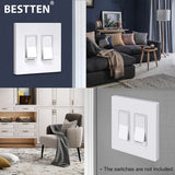 [10 Pack] BESTTEN 2-Gang Modern Designer Mid-Size Screwless Wall Plate, Unbreakable Polycarbonate Midway Decorator Outlet Cover, USWP6 Gloss Snow White Switch Plate, 12.30cm x 12.50cm, cUL Listed