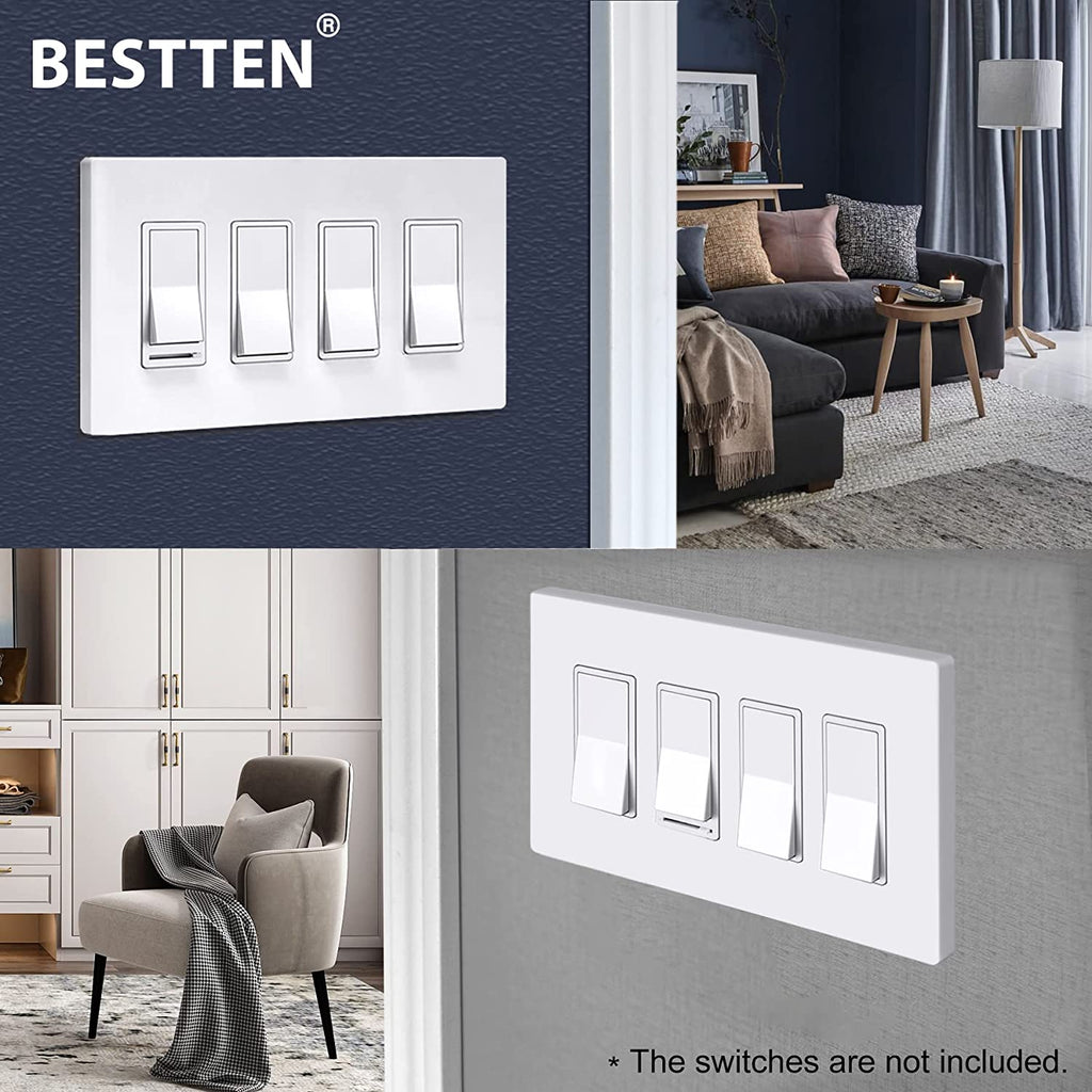 BESTTEN 4-Gang Modern Designer Mid-Size Screwless Wall Plate, Unbreakable Polycarbonate Midway Decorator Outlet Cover, USWP6 Gloss Snow White, 12.30cm x 21.78cm, Impact Resistant Switch Plate