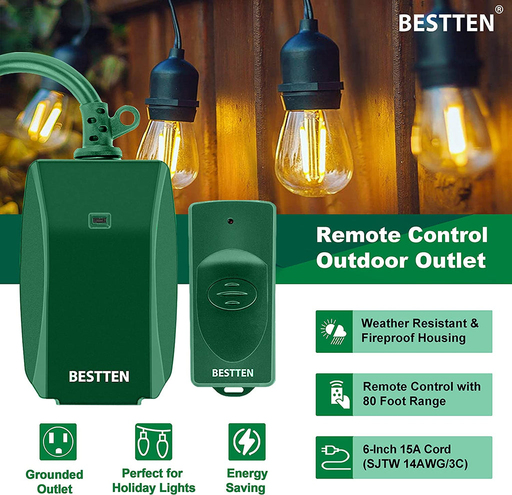 [2 Pack] BESTTEN Remote Control Outdoor Outlet Switch with 6-Inch Heavy Duty Power Cord, 15A/125V/1875W, cETL Certified, Green
