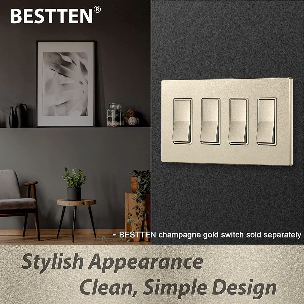 [2 Pack] BESTTEN 4-Gang Gold Screwless Wall Plate, Decorator Outlet Cover, 11.91cm x 21.21cm, Signature Collection USWP7 Champagne Gold Series, for Light Switch, Dimmer, Receptacle, cUL Listed
