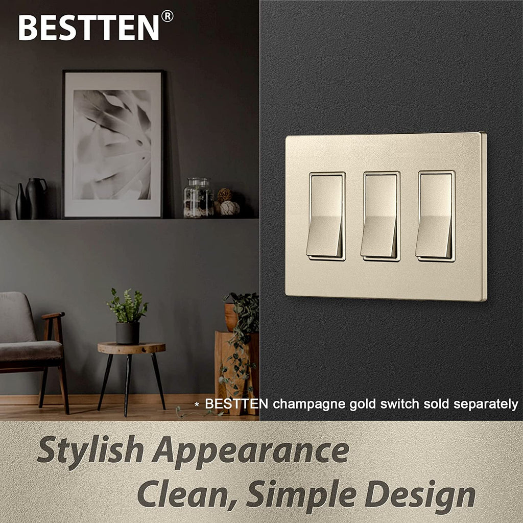 [5 Pack] BESTTEN 3-Gang Gold Screwless Outlet Cover, Decor Wall Plate, 11.91cm x 16.61cm, Signature Collection USWP7 Champagne Gold Series, for Light Switch, Dimmer, Receptacle, cUL Listed