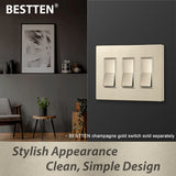 [2 Pack] BESTTEN 3-Gang Gold Screwless Outlet Cover, Decor Wall Plate, 11.91cm x 16.61cm, Signature Collection USWP7 Champagne Gold Series, for Light Switch, Dimmer, Receptacle, cUL Listed