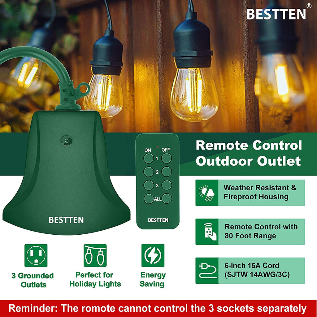 BESTTEN Remote Control Outdoor Outlet Switch with 6-Inch Heavy Duty Power Cord, 3 Grounded Outlets, 15A/125V/1875W, cETL Certified, Green