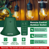 [2 Pack] BESTTEN Remote Control Outdoor Outlet Switch with 6-Inch Heavy Duty Power Cord, 3 Grounded Outlets, 15A/125V/1875W, cETL Certified, Green