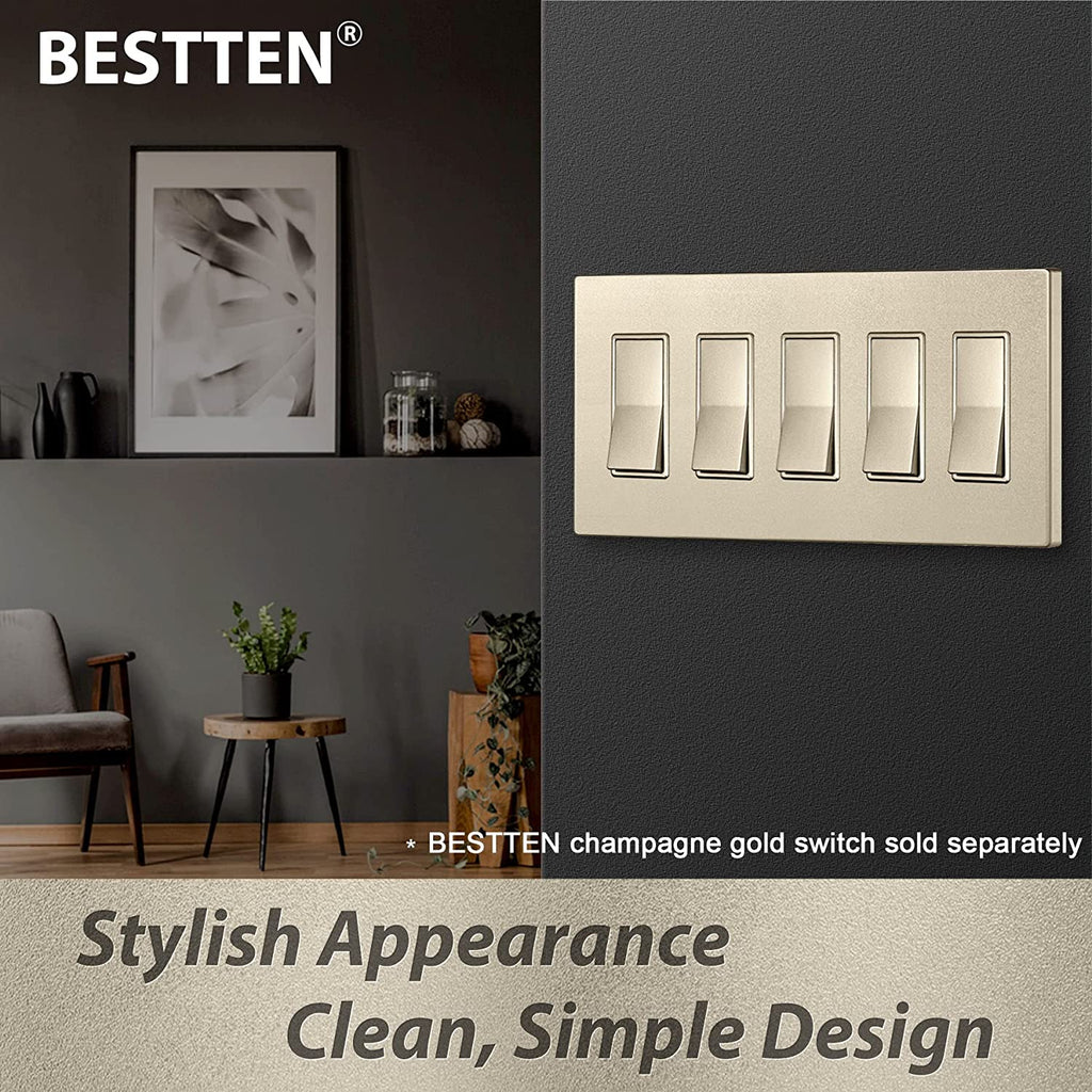 [2 Pack] BESTTEN 5-Gang Gold Screwless Wall Plate, Decorator Outlet Cover, 11.91cm x 25.86cm, Signature Collection USWP7 Champagne Gold Series, for Light Switch, Dimmer, Receptacle, cUL Listed