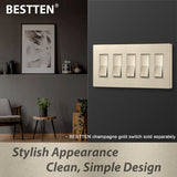 BESTTEN 5-Gang Gold Screwless Wall Plate, Decorator Outlet Cover, 11.91cm x 25.86cm, Signature Collection USWP7 Champagne Gold Series, for Light Switch, Dimmer, Receptacle, cUL Listed