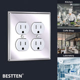 [2 Pack] BESTTEN 2 Gang Bright Polished Chrome Stainless Steel Duplex Wall Plate, Solid Mirror Polished Metal Receptacle Outlet Cover with White or Clear Protective Film, Chrome Appearance