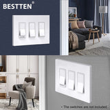 [4 Pack] BESTTEN 3-Gang Modern Designer Mid-Size Screwless Wall Plate, USWP6 Gloss Snow White Switch Plate, Unbreakable Polycarbonate Midway Decorator Outlet Cover, 12.30cm x 17.13cm, cUL Listed