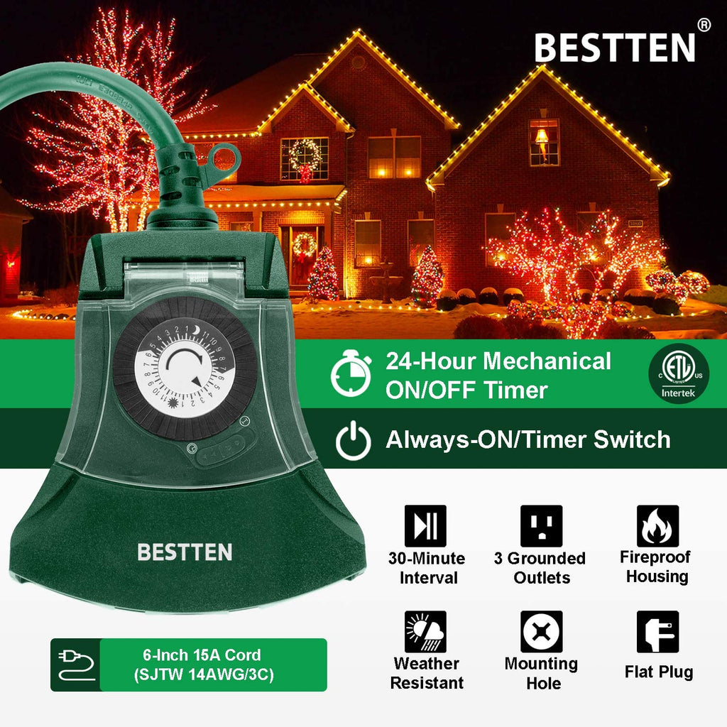[2 Pack] BESTTEN Outdoor 24-Hour Timer, 3 Grounded Outlets, 6-Inch Power Cord, Flat Plug, Weatherproof, Ideal for Halloween, Thanksgiving, Christmas and Other Holiday Decorations, cETL Certified, Green