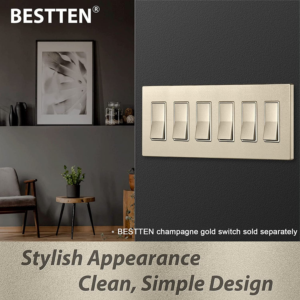 [2 Pack] BESTTEN 6-Gang Gold Screwless Wall Plate, Decorator Outlet Cover, 11.91cm x 29.85cm, Signature Collection USWP7 Champagne Gold Series, for Light Switch, Dimmer, Receptacle, cUL Listed