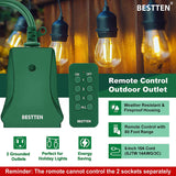 BESTTEN Remote Control Outdoor Outlet Switch with 6-Inch Heavy Duty Power Cord, 2 Grounded Outlets, 15A/125V/1875W, cETL Certified, Green