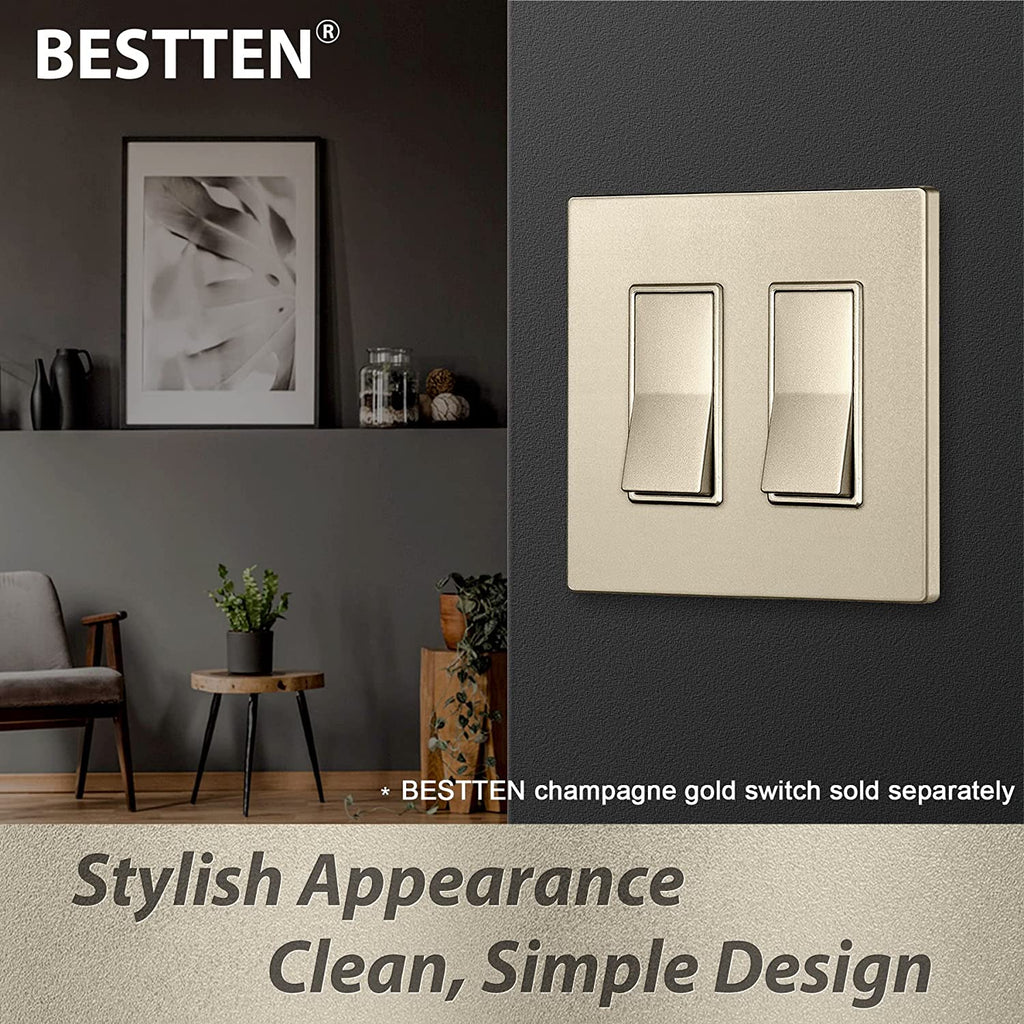 [10 Pack] BESTTEN 2-Gang Gold Screwless Wall Plate, Decorator Outlet Cover, 11.91cm x 12.01cm, Signature Collection USWP7 Champagne Gold Series, for Light Switch, Dimmer, Receptacle, cUL Listed
