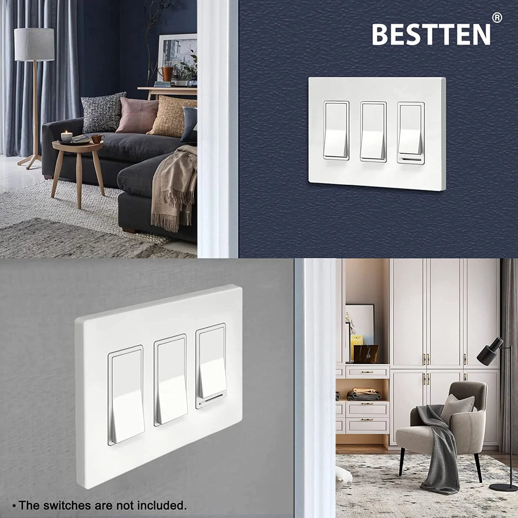 [5 Pack] BESTTEN 3-Gang Screwless Wall Plate, USWP4 Gloss White Series, Decorator Outlet Cover, 11.91cm x 16.61cm, for Light Switch, Dimmer, GFCI, USB Receptacle