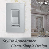 BESTTEN Silver Dimmer Wall Light Switch, Single Pole or 3-Way, Compatible with Dimmable LED, CFL, Incandescent and Halogen Bulb, 120VAC, cUL Listed