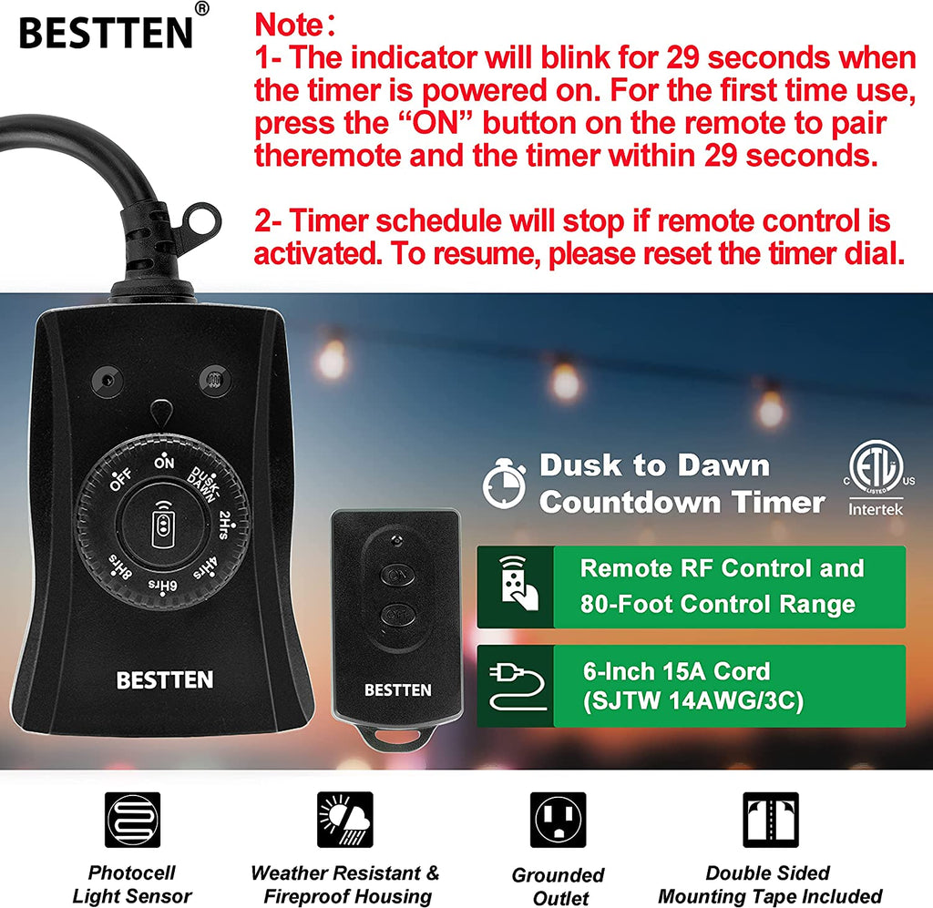 [2 Pack] BESTTEN Outdoor Timer Outlet with Photocell Light Sensor, 2 Grounded Outlets, Setting for ON/Off/Dusk-Dawn/ON at Dusk & 2/4/6/8 Hours Countdown, cETL and FCC Certified, Black