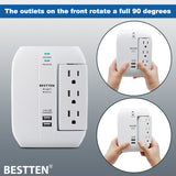 BESTTEN 1350-Joule Wall Mount Surge Protector, 6-Outlet (3 Swivel and 3 Side-Entry) Extender with 2 USB Charging Ports (2.4A Total), ETL/cETL Certified, White