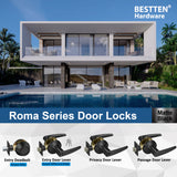 [3 Pack] BESTTEN Matte Black Straight Entry Door Lever with Removable Latch Plate, All Metal, Roma Series Keyed Different Door Handle Lock