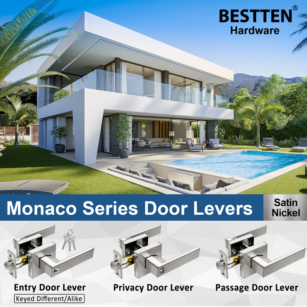 [5 Pack] BESTTEN Keyed Different Heavy Duty Entry Door Handle, Zinc Alloy (Not Aluminum Alloy) Monaco Contemporary Square Front Door Lever with Removable Latch Plate, for Commercial and Residential Use, Satin Nickel Finish